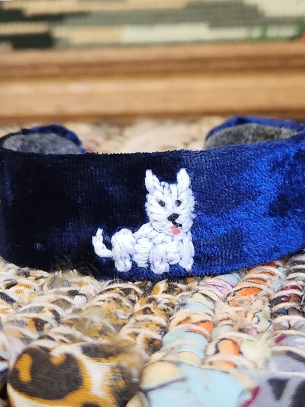Hand Embroidered Velvet Cuff Bracelet Little White Dog Scotty